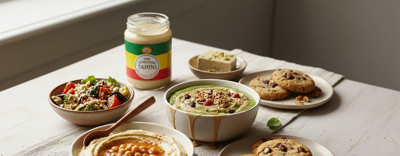 Ethiopian tahini served with hummus, roasted vegetables, halva and cookies